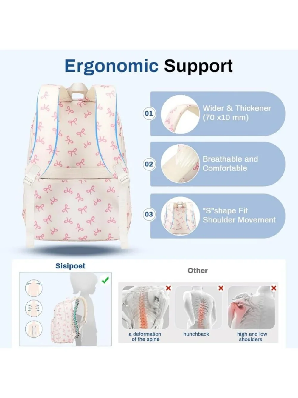 Lightweight Girls Backpack, Multi-Pocket College Bookbag, Travel Backpack, Beige